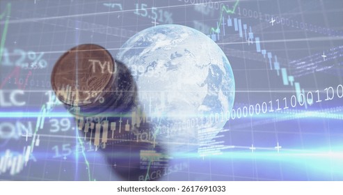 Image of financial processing over globe and coins. global fiances, connections, data processing and digital interface concept digitally generated image.