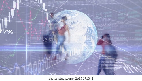 Image of financial processing over globe and walking people. global fiances, connections, data processing and digital interface concept digitally generated image.