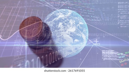 Image of financial processing over globe and coins. global fiances, connections, data processing and digital interface concept digitally generated image.
