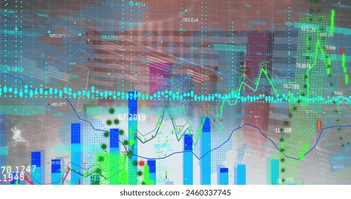 Image of financial and statistical data processing over world map against grey background. Global finance and business data technology concept