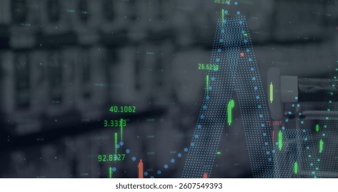 Image of financial statistics and data processing over shop interior. global shopping, business, digital interface, technology and networking concept digitally generated image.
