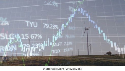 Image of financial and stock market data processing over spinning windmills on grassland. Global finance and renewable energy technology concept - Powered by Shutterstock