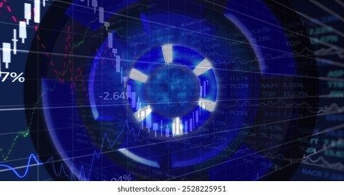 Image of financial and stock market data processing against spinning round scanner. Global economy and business technology concept