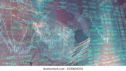 Image of financial and stock market data processing over globe against spinning windmill. Global economy and renewable energy technology concept - Powered by Shutterstock