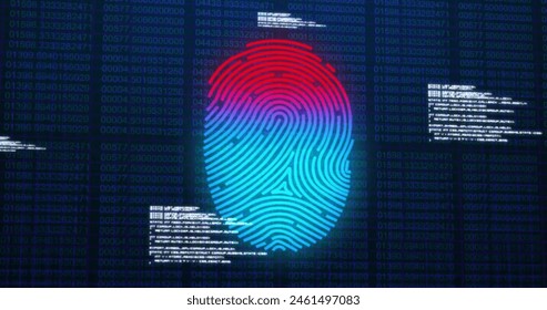 Image of fingerprint and data processing on dark blue background. Security, data processing and digital interface concept digitally generated image.