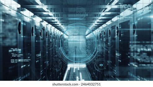 Image of fingerprint, data security text, icons and computer language over data server room. Digital composite, biometric, cloud computing, coding, data center, networking, technology concept.