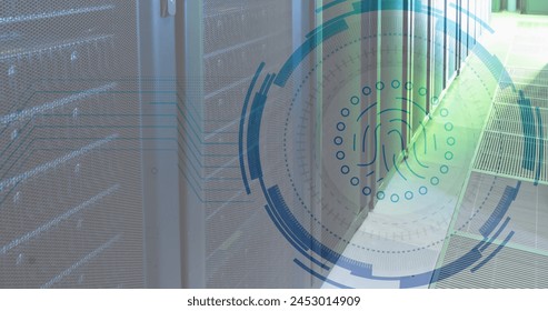 Image of fingerprint in loading circles over data server racks in server room. Digital composite, protection, biometric, data center, networking, technology and network server concept. - Powered by Shutterstock - Get 15% off with code: PIKWIZARD15