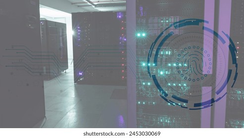 Image of fingerprint in loading circles over data server racks in server room. Digital composite, protection, biometric, data center, networking, technology and network server concept.