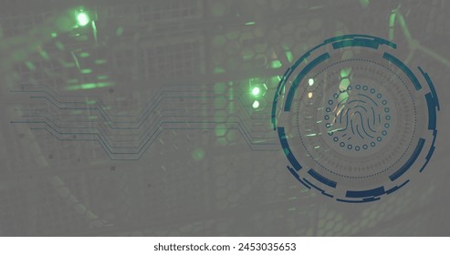 Image of fingerprint in loading circles over illuminated data server rack. Digital composite, business, progress, biometric, data center, networking, technology and network server concept. - Powered by Shutterstock - Get 15% off with code: PIKWIZARD15