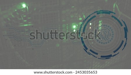 Image of fingerprint in loading circles over illuminated data server rack. Digital composite, business, progress, biometric, data center, networking, technology and network server concept.