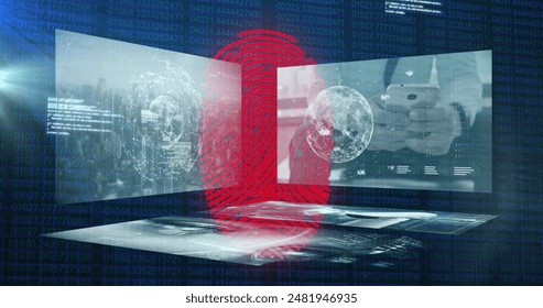 Image of fingerprint over data processing and digital screens. Global business and digital interface concept digitally generated image.