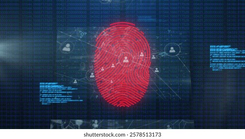 Image of fingerprint over data processing on black background. Global connections, computing and digital interface concept digitally generated image.