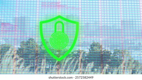 Image of fingerprint and padlock with data processing over cityscape. Global business, city and digital interface concept, digitally generated image.