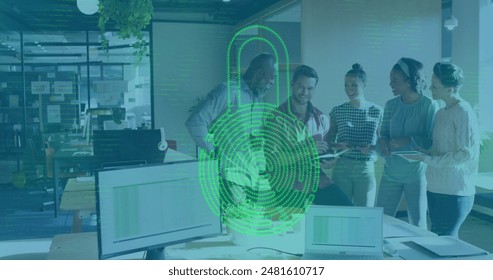 Image of fingerprint in padlock over diverse coworkers sharing ideas in office. Digital composite, multiple exposure, biometric, protection, planning, discussion and teamwork concept. - Powered by Shutterstock