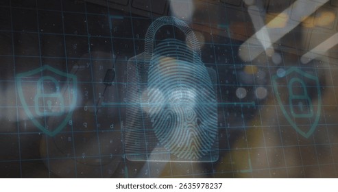 Image of fingerprint scan with padlock icons and data processing over bokeh lights at night. Data security, digital interface and biometric technology concept digitally generated image.
