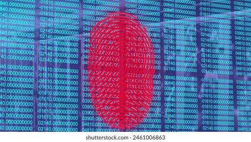Image of fingerprint scanner and data processing on blue background. Global communication, business, data security and digital interface concept digitally generated image.