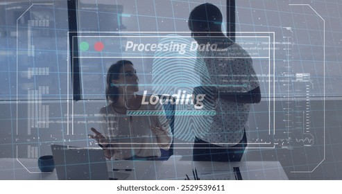 Image of fingerprint scanner, data processing over two diverse women discussing at office. Cyber security and business interface technology concept - Powered by Shutterstock - Get 15% off with code: PIKWIZARD15