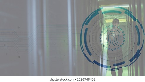 Image of fingerprint scanner over caucasian female engineer using tablet working at server room. Cyber security and business data storage technology concept - Powered by Shutterstock