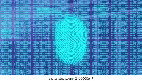 Image of fingerprint scanner over data processing against blue background. Cyber security and business data storage technology concept