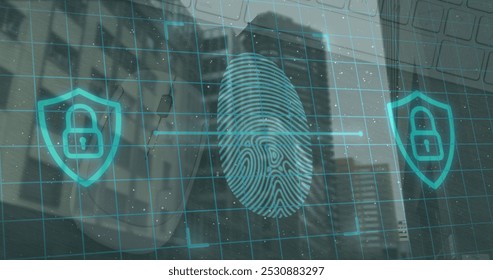 Image of fingerprint scanning and digital padlocks over cityscape. Network, data processing, digital security and technology concept digitally generated image.