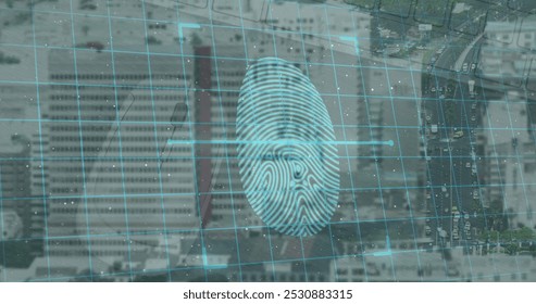 Image of fingerprint scanning and digital padlocks over cityscape. Network, data processing, digital security and technology concept digitally generated image.
