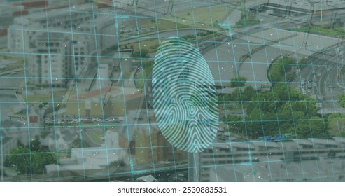 Image of fingerprint scanning and digital padlocks over cityscape. Network, data processing, digital security and technology concept digitally generated image.