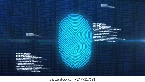 Image of fingerprint scanning with lens flare and computer language over blurred binary codes. Digitally generated, multiple exposure, security, coding, futuristic, identity, technology. - Powered by Shutterstock - Get 15% off with code: PIKWIZARD15