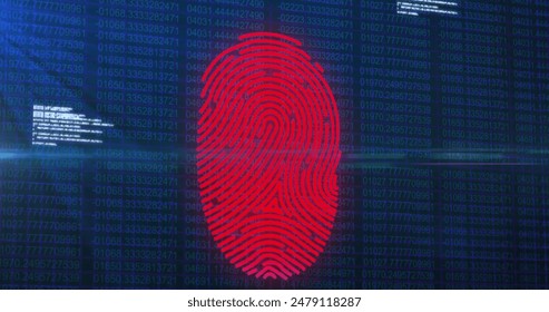 Image of fingerprint scanning with lens flare and computer language over blurred binary codes. Digitally generated, multiple exposure, security, coding, futuristic, identity, technology. - Powered by Shutterstock - Get 15% off with code: PIKWIZARD15