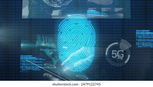 Image of fingerprint scanning with multiple hud screens, computer language over binary codes. Digitally generated, eye, connection, security, coding, futuristic, identity, medical, technology. - Powered by Shutterstock