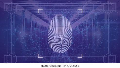 Image of fingerprint scanning over server room. Global business and digital interface concept digitally generated image. - Powered by Shutterstock