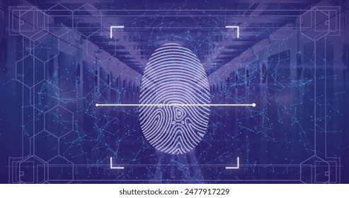 Image of fingerprint scanning over server room. Global business and digital interface concept digitally generated image. - Powered by Shutterstock