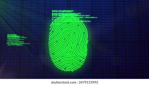 Image of fingerprint scanning with programming language and lens flare over blurred binary codes. Digitally generated, multiple exposure, security, coding, futuristic, identity, technology.