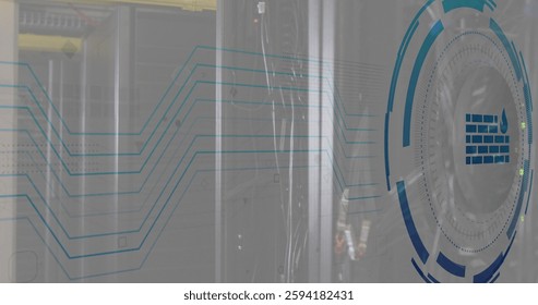 Image of fire wall icon and digital data processing over computer servers. Global cyber security, connections, computing and data processing concept digitally generated image.