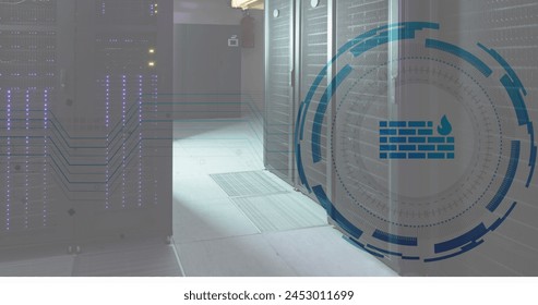 Image of firewall icon in loading circles over illuminated server racks in server room. Digital composite, protection, security, data center, networking, technology and network server concept.