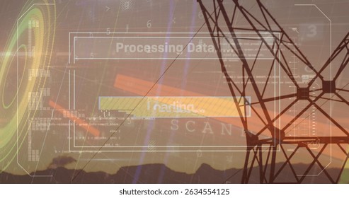 Image of firewall, virus warning over electricity poles. Energy, electricity, data processing, security and technology concept digitally generated image.