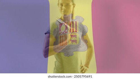 Image of flag of andorra over caucasian female baseball player. Sport, flags and digital interface concept digitally generated image. - Powered by Shutterstock