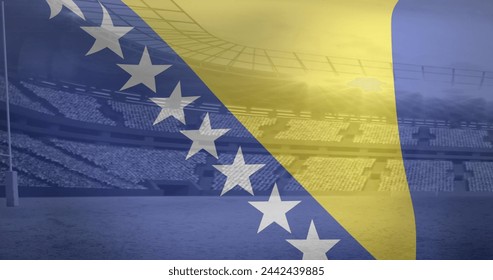 Image of flag of bosnia and herzegovina over sports stadium. Global sport and digital interface concept digitally generated image. - Powered by Shutterstock