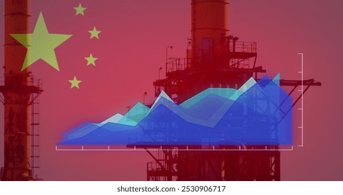 Image of flag of china and financial data processing over factory. Global business, finance, data processing and digital interface concept digitally generated image.
