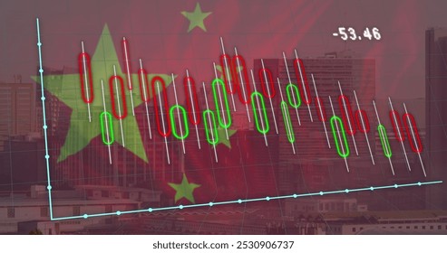 Image of flag of china and financial data processing over cityscape. Global business, finance, data processing and digital interface concept digitally generated image.
