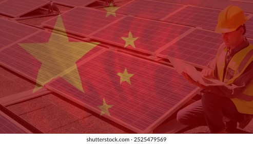 Image of flag of china over caucasian male worker with solar panels. Patriotism, business and digital interface concept digitally generated image. - Powered by Shutterstock