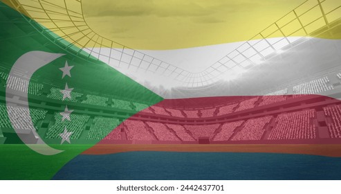 Image of flag of comoros over sports stadium. Global sport and digital interface concept digitally generated image. - Powered by Shutterstock