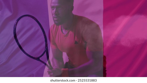 Image of flag of france over african american male tennis player. Sports, competition and active lifestyle concept digitally generated image. - Powered by Shutterstock