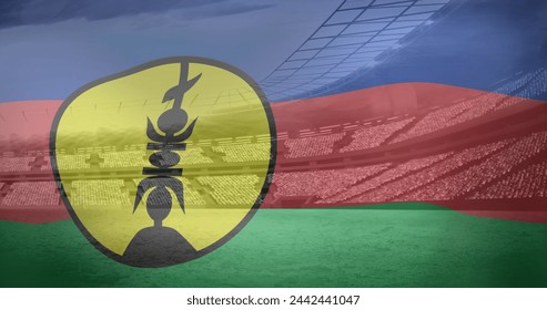 Image of flag of new caledonia over sports stadium. Global sport and digital interface concept digitally generated image. - Powered by Shutterstock