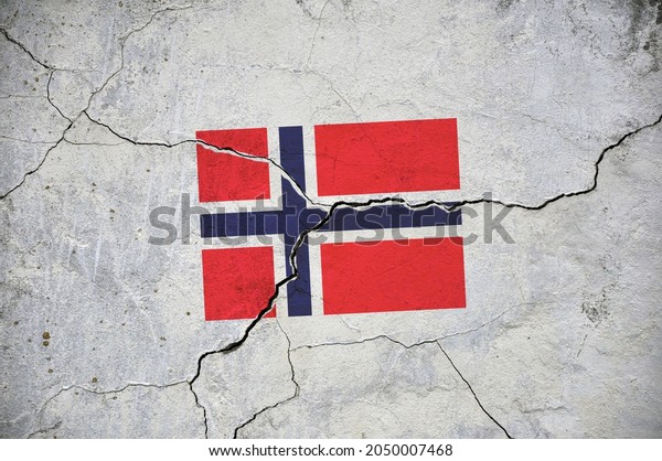 An image of the flag of Norway on a wall with a\
crack. A crisis.