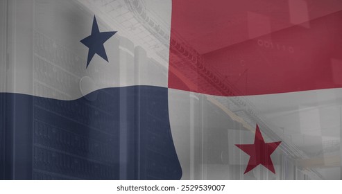 Image of flag of panama waving with abstract lines over server room. Digital composite, patriotism, government, networking, data center, security, technology and network server concept.