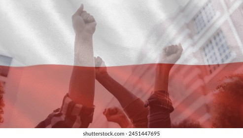 Image of flag of poland over hands of diverse protesters. ukraine crisis and international politics concept digitally generated image. - Powered by Shutterstock