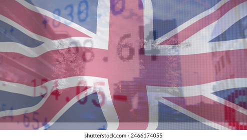 Image of flag of uk over stock market and cityscape. Global business, patriotism and digital interface concept digitally generated image. - Powered by Shutterstock - Get 15% off with code: PIKWIZARD15