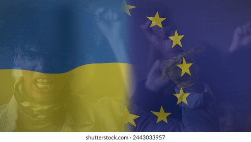 Image of flag of ukraine and european union over african american male protester. ukraine crisis and international politics concept digitally generated image. - Powered by Shutterstock