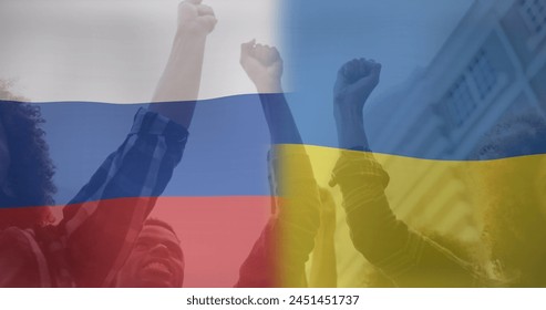 Image of flag of ukraine and russia over hands of diverse protesters. ukraine crisis and international politics concept digitally generated image. - Powered by Shutterstock