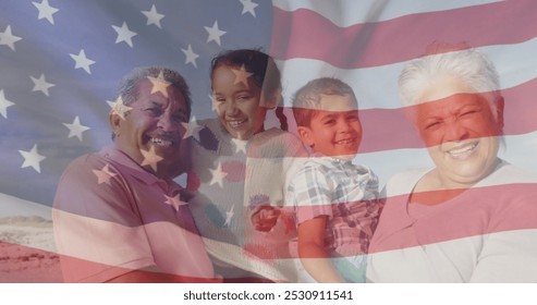 Image of flag of united states of america over biracial couple with grandchildren on beach. American patriotism, diversity and tradition concept digitally generated image. - Powered by Shutterstock